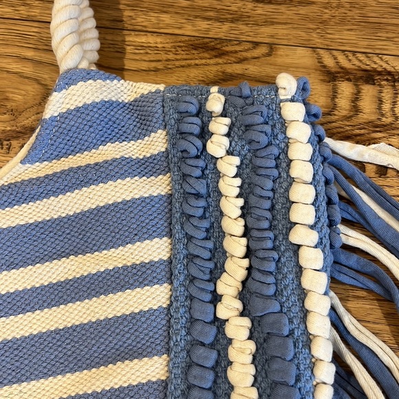 Large Boho Fringe Tote Bag Blue White Beach Bag - Picture 2 of 6